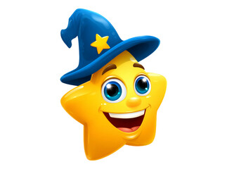 Happy smiling cartoon star wearing a blue wizard hat, On Transparent Background, Png