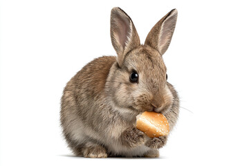 Obraz premium a rabbit eating a piece of bread on a white surface