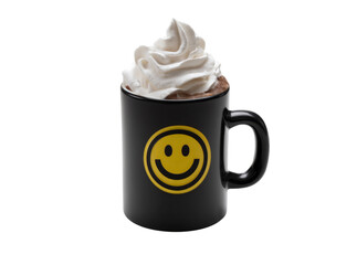 Happy hot chocolate with whipped cream in black mug, On Transparent Background, Png