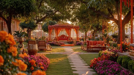 Luxury Indian Wedding Mandap Garden Floral Decor Festive red joy pink love event vivid happy bliss  