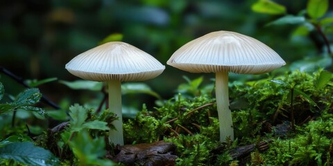 Fototapeta premium Two delicate mushrooms nestled in a bed of moss.