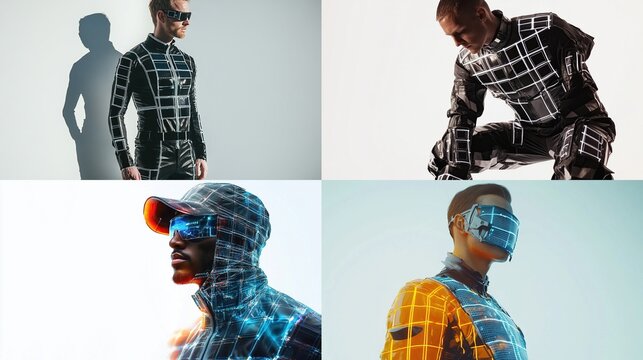 Four fashion models in futuristic, gridded clothing, posing against neutral backgrounds