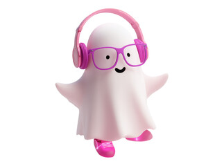 Cute ghost wearing headphones glasses and shoes, On Transparent Background, Png