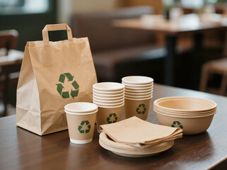 Various eco-friendly disposable cups, bowls, and a paper bag with recycling symbols are neatly displayed on a wooden table, ideal for sustainable cafe takeout.