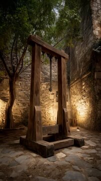 An old wooden guillotine standing on a cobblestone surface, enclosed by a crumbling stone wall and overgrown with trees, evoking a somber and historical mood.