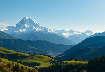 Fototapeta premium Majestic snow-capped peaks rise above rolling green hills and a tranquil valley, horizon, highlands