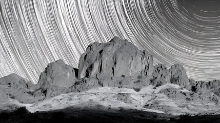 Star trails over rocky mountain range