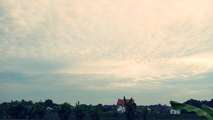 Fototapeta premium Rural village view featuring peaceful countryside landscape with banana plants, a red-roofed small house, and a wide, gentle, dramatic cloudy sky
