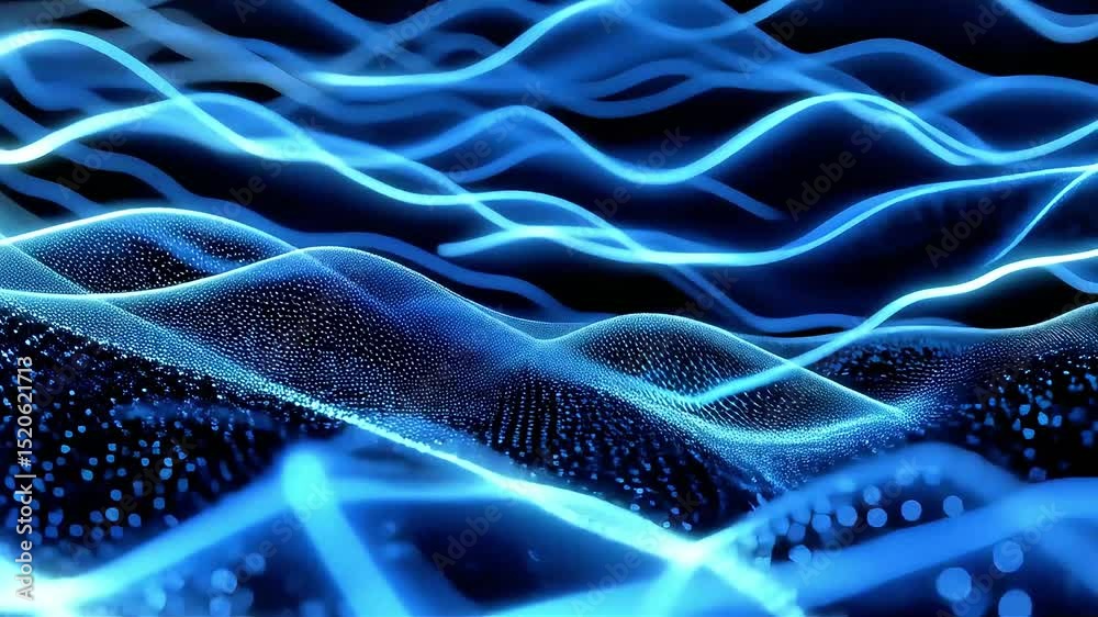 Poster abstract blue waves: particle flow and glowing lines