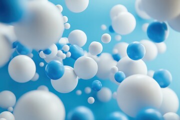 Realistic 3D render of white and blue balloons, soft bounce as they descend