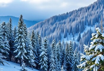 Snow-dusted spruce forest on a mountainside, winter scene, idyllic, untamed