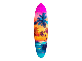 Vibrant surfboard design tropical sunset palm trees ocean beach summer, On Transparent Background, Png