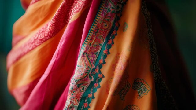 Detailed Shot of an Orange and Pink Sari with Intricate Embroidered Patterns Textile Art Displaying Rich Texture and Traditional Indian Design Background