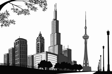A black and white cityscape illustration showcases a modern city's skyline with towering skyscrapers and lush green trees lining a road.