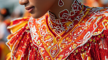 Obraz premium Visual Sandugo Festival, close-up of vibrant beadwork and fabrics in Sandugo costume, red to white gradient, Ai generated images