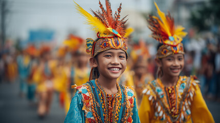 Fototapeta premium Visual Sandugo Festival, Filipino children in festive cultural costumes smiling and dancing on street, Ai generated images