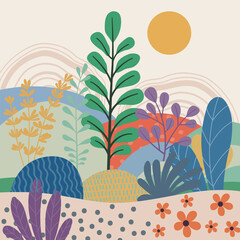 Nature landscape background. Foliage line art drawing with abstract shape.Plant Art design for print, cover, wallpaper, Minimal and natural wall.