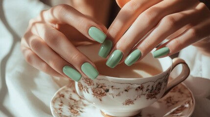 Delicate hands holding a cup of tea with mint green nails.