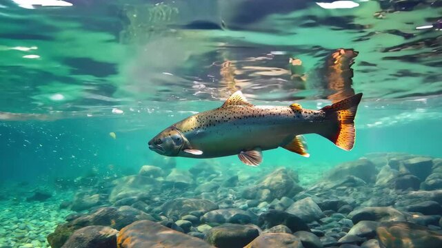 Underwater view of a salmon actively searching for food among rocks in a clear stream on a sunny day