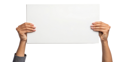 Person holding blank white sign with both hands, ready for messages or announcements, conveying sense of openness and creativity