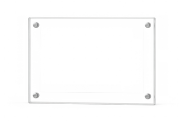 Transparent glass plate featuring circular metal fasteners mounted against clear backdrop