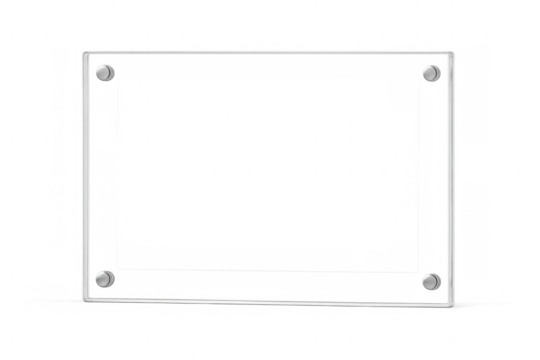 Transparent glass plate featuring circular metal fasteners mounted against clear backdrop