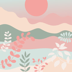 Nature landscape background. Foliage line art drawing with abstract shape.Plant Art design for print, cover, wallpaper, Minimal and natural wall.
