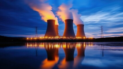 Nuclear power plant at twilight, reflecting on calm water.