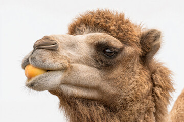 a camel with a ball in its mouth