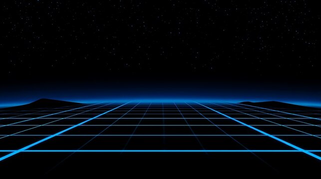 Cyberpunk grid with starry night backdrop