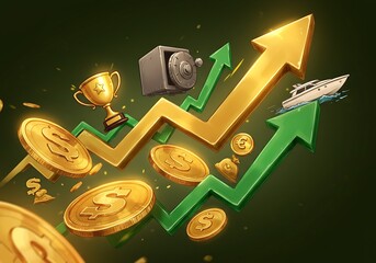 Dynamic 3D visual showcasing financial expansion, with golden coins, ascending arrows, and symbols of wealth and profitability.