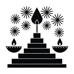 Diwali Festival Silhouette Diyas and Fireworks Vector on White Background