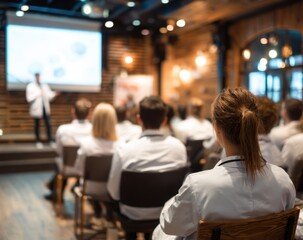 Medical professionals attend conference presentation indoors