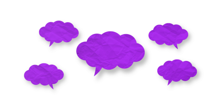 Purple speech bubble crumpled paper isolated on transparent background