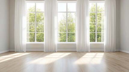 Empty room with large windows and sheer curtains.