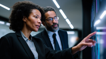 Two diverse business professionals collaborate, pointing at and discussing data on a large interactive digital screen.
