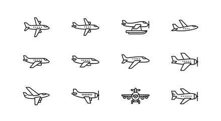 Airplane Icon Set 12 Line Art Illustrations for Design Projects