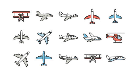 Airplane Icons Collection of 15 Airplanes and Helicopter Illustrations