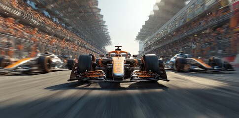 Fast Formula One Race Car Speeding Through Track Crowd Cheering f1 blur prix grey sport power grand 