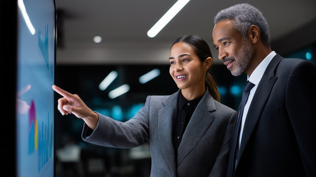 Two diverse business professionals collaborate, pointing at and discussing data on a large interactive digital screen.
