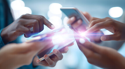 Multiple hands from diverse individuals hold glowing smartphones, representing digital connectivity and global communication.
