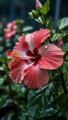 Red and White Hibiscus Flower with Water Droplets Close Up