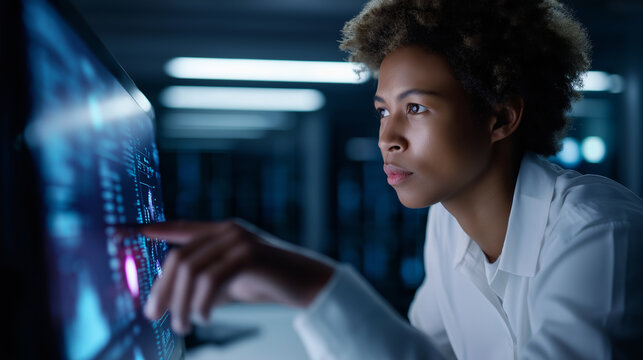 A focused young African American woman in glasses interacts with a futuristic computer screen displaying data and code.