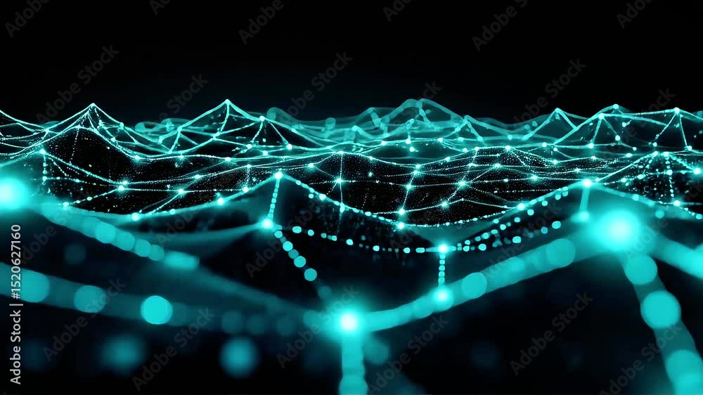 Poster abstract teal network: dynamic light trails across a digital landscape