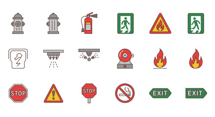 Safety Icon Set Fire Prevention, Emergency Exits, and Hazard Symbols
