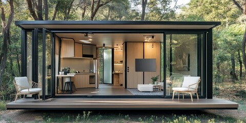 Modern, minimalist tiny home with expansive glass doors.