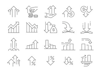 Growth and Decline line Icon Set. Outline style. Stock Market, Profits, Launches, Financial Movement. Business Themes. Editable Stroke.