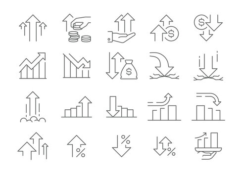 Growth and Decline line Icon Set. Outline style. Stock Market, Profits, Launches, Financial Movement. Business Themes. Editable Stroke.