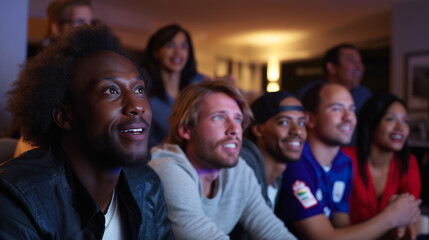 Group of friends watching a sports game or show together at night with excitement.
