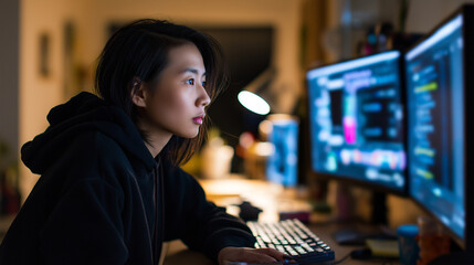 Young female programmer working on code late at night in tech workspace.
